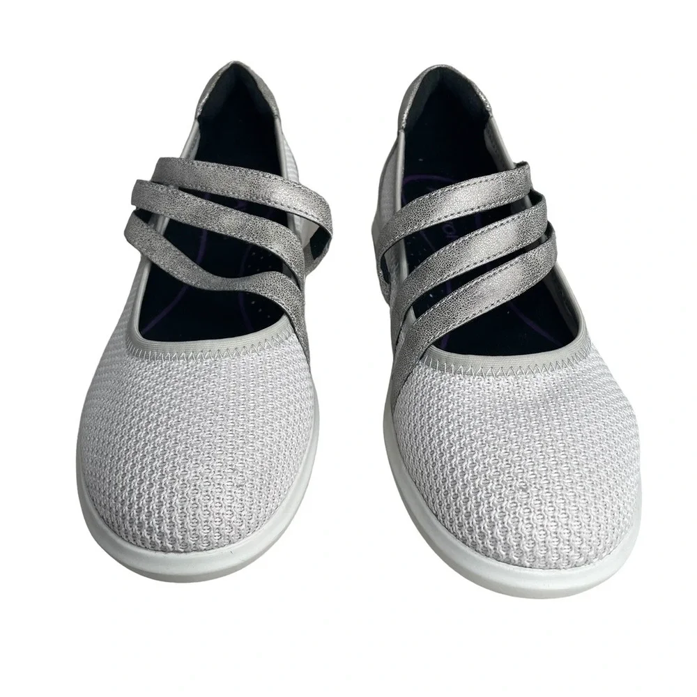 Aravon Womens 8B White Silver Knit Mary Jane Comfort Walking Shoes Hook Loop